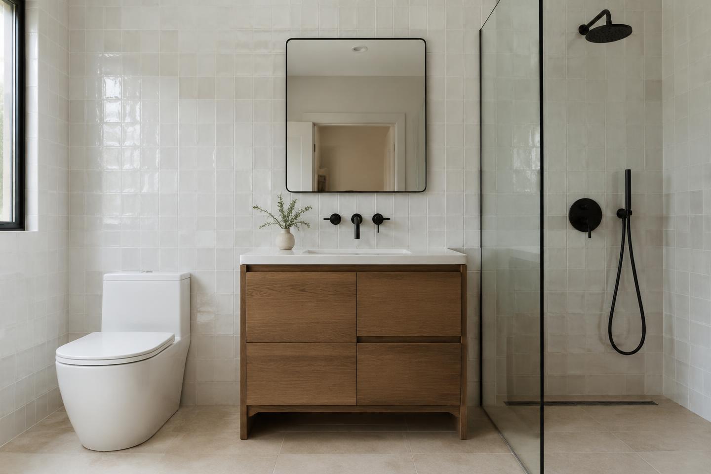 Inspiration image: a bathroom with white wall tile, a wood vanity and a glass shower